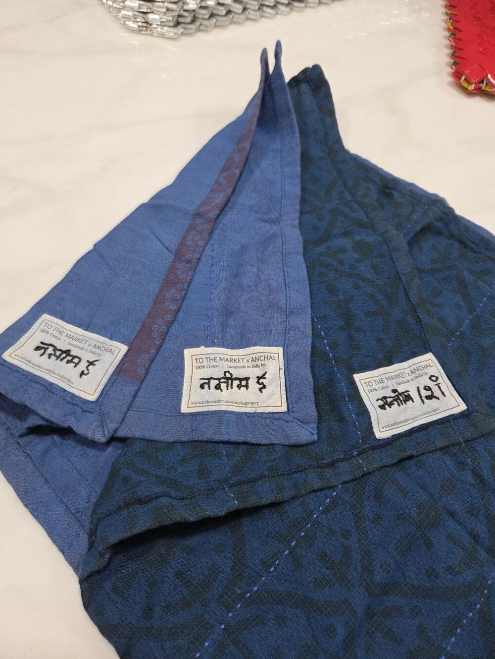 Handsewn Overdyed Artisan Napkins - Set Of 3 Mismatched Blue Designs